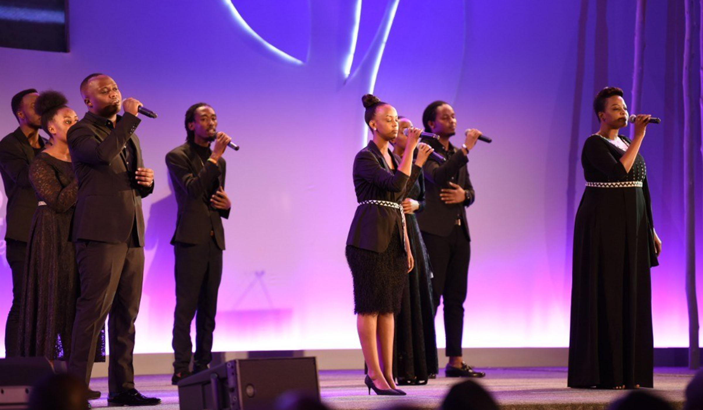 First row from left to right: King James, Knowless, and Aline Gahongayire, are among artistes featured in u2018Batuye mu Mititima Tugutuyeu2019. Here, the artistes were performing at the opening of the 25th anniversary of the Genocide against the Tutsi, at Kigali Convention Centre on April 7. Courtesy photos.