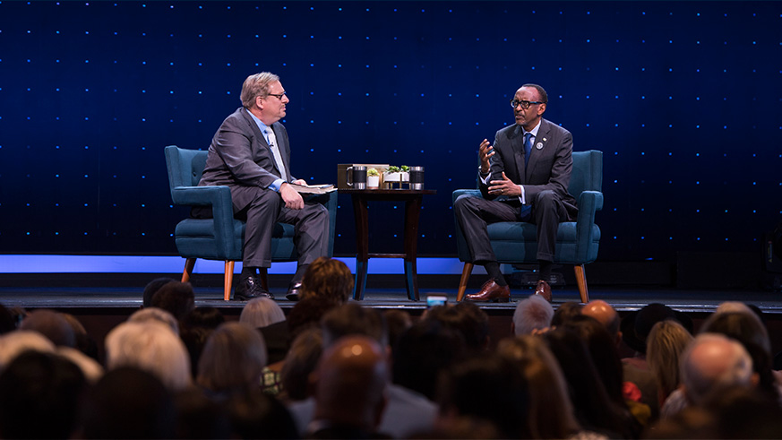 President Kagame speaks at a Commemoration service of the Genocide against the Tutsi at the Saddleback Church in California, U.S on Palm Sunday. Looking on is his host, Pastor Rick Warren. The President has pointed to reintegrating society and uniting the population after the 1994 Genocide against the Tutsi as one of Rwandau2019s most important step towards progress. Village Urugwiro.