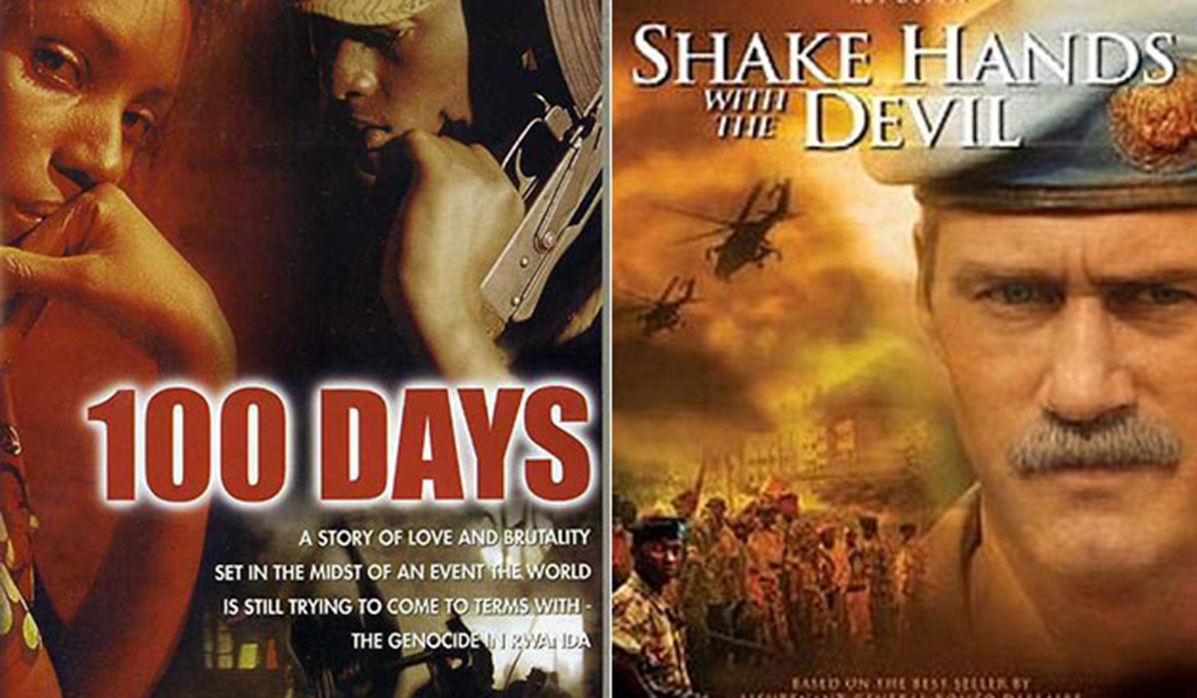 Posters of movies u2018100 Daysu2019 and u2018Shake Hands with the Devilu2019 on the 1994 Genocide against the Tutsi. Net photos.