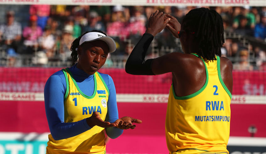Charlotte Nzayisenga (#1) won gold at the 2017 African championships, along with former partner Denise Mutatsimpundu (#2), in Mozambique. File.