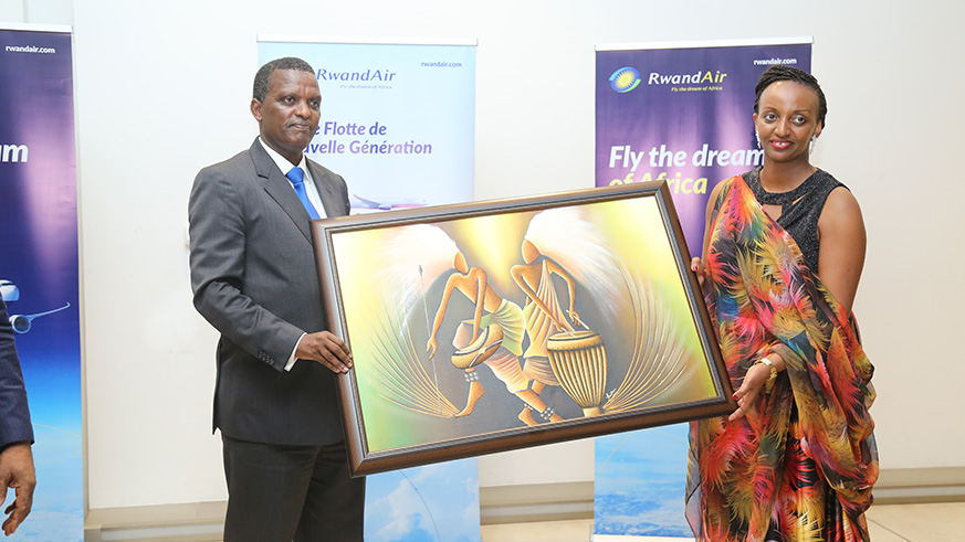 The Minister for Trade and Industry, Soraya Hakuziyaremye (right), and Azarias Ruberwa Manywa, DR Congou2019s deputy Prime Minister and acting Minister for Transport and Communication, in Kinshasa on Wednesday. Courtesy.