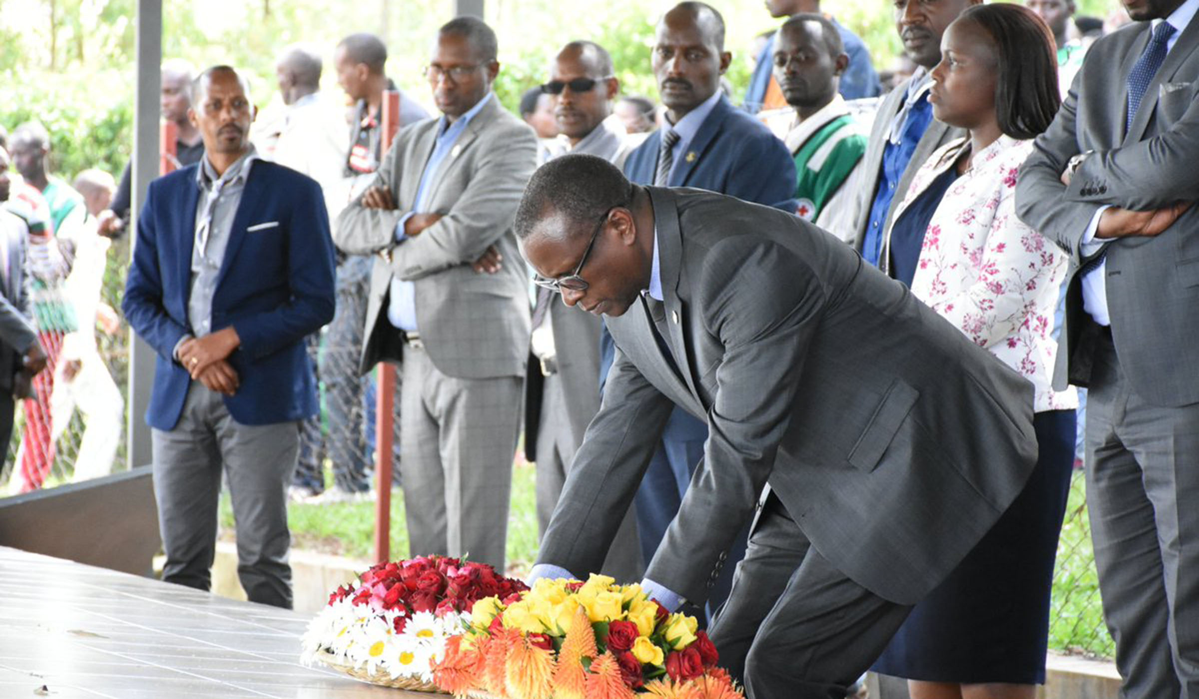 CNLG Executive Secretary Jean Damascu00e8ne Bizimana lays a wreath during the commemoration event at Mwulire Genocide Memorial in Rwamagana District on April 18, 2019. Courtesy.