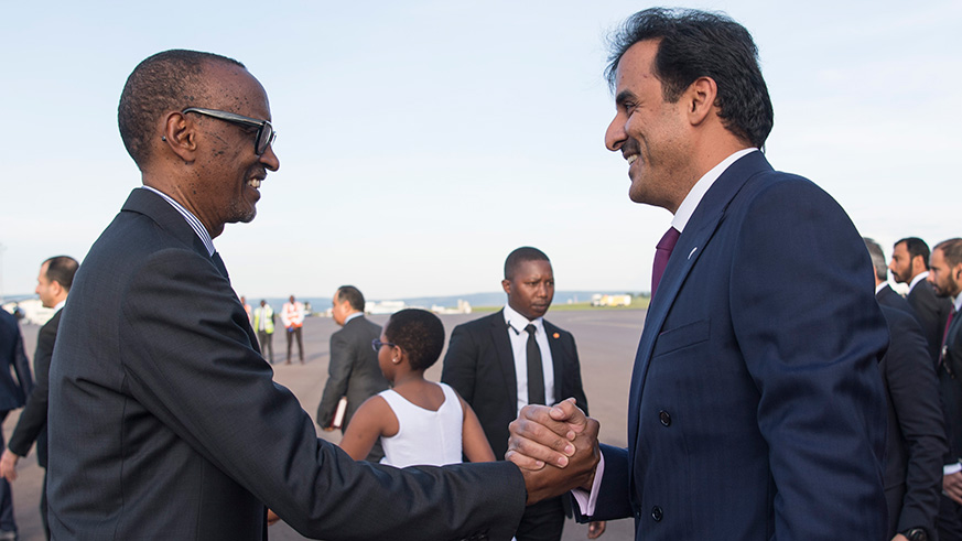 President Kagame welcomes the Emir of Qatar, His Highness Sheikh Tamim bin Hamad Al Thani, at Kigali International Airport yesterday. Village Urugwiro.