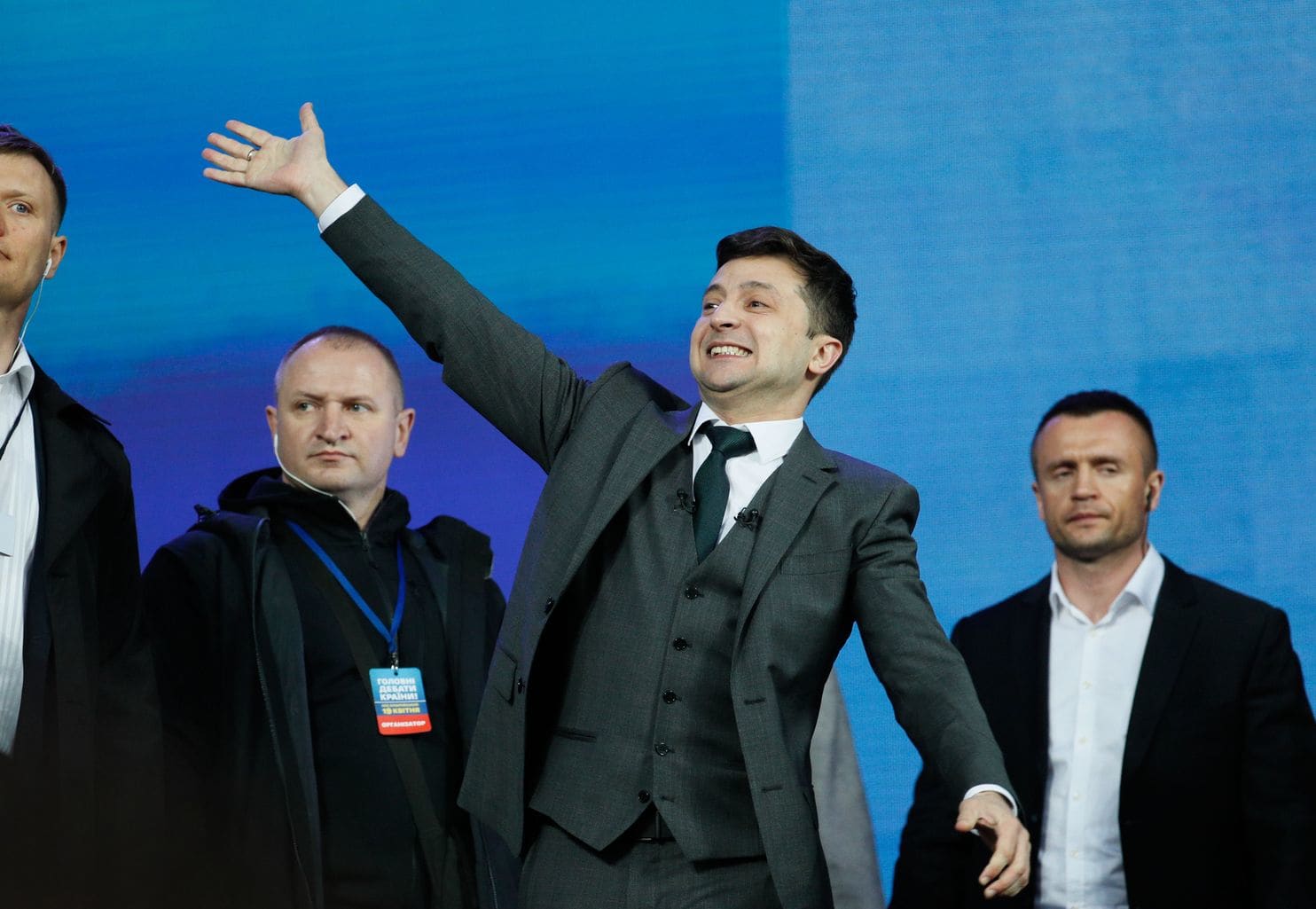 Ukrainian presidential candidate Volodymyr Zelensky reacts during a debate with incumbent Petro Poroshenko at the Olimpiyskiy Stadium in Kiev on April 19.