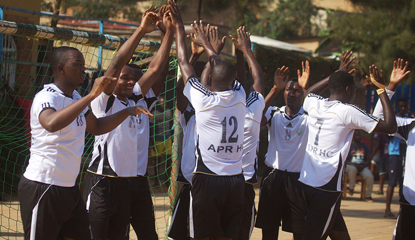 APR Handball club players celebrate after beating Police Handball Club. Sam Ngendahimana.