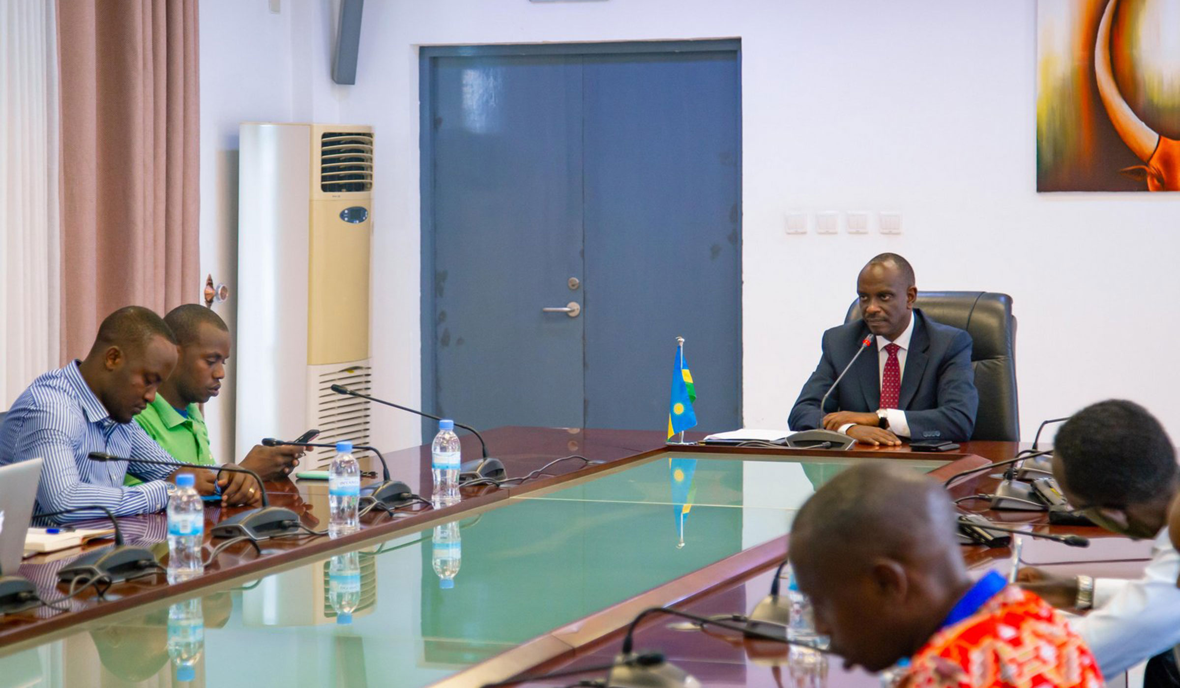 The Minister for Foreign Affairs Dr Richard Sezibera addresses the news conference at his office in Kimihurura yesterday. Craish Bahizi.