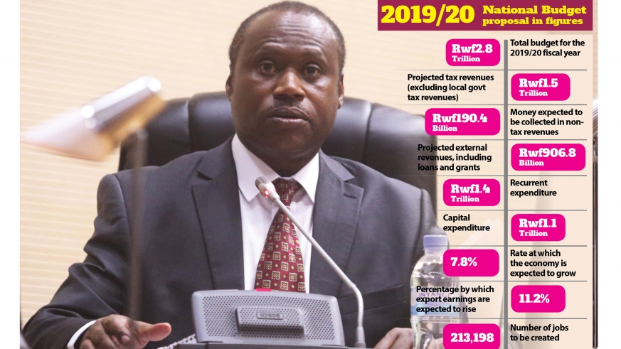 Finance and Economic Planning minister Uzziel Ndagijimana presents the 2019/20-2021/22 Budget Framework Paper to both chambers of Parliament yesterday. / Sam Ngendahimana