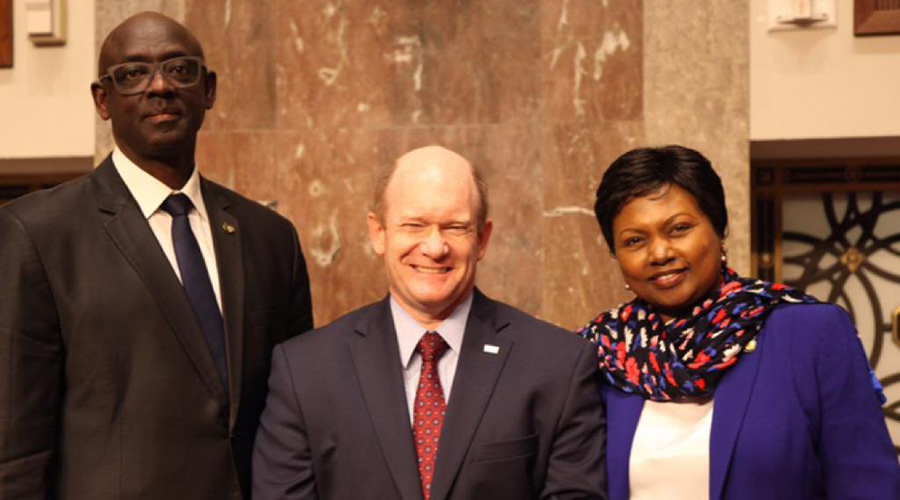 Minister Busingye (L) with US Senator Chris Coons and Rwandan ambassador to US Mathilde Mukantabana during the commemoration event. / Courtesy