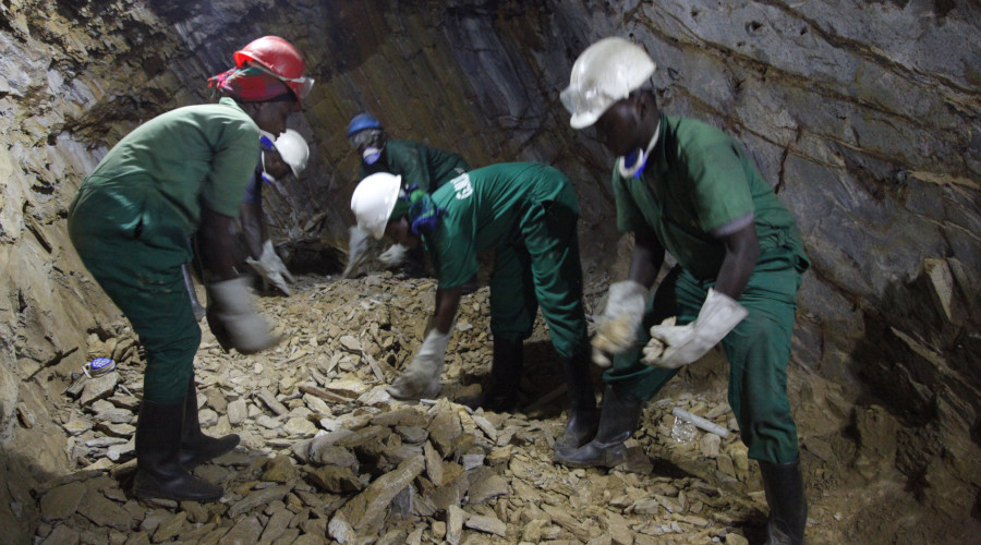 Miners at work inside Mageragere mining site in Nyarugenge District. / File