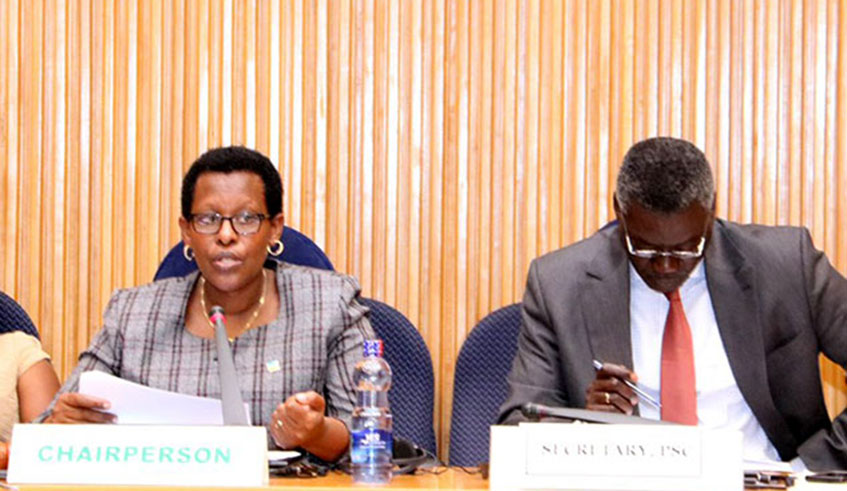 Amb. Hope Tumukunde Gasatura, Rwandau2019s Permanent Representative to the AU (left), speaks during a meeting of the Peace and Security Council (PSC) of the African Union in Addis Ababa. Courtesy.