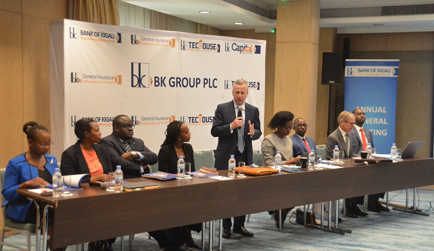 Bank of Kigaliu2019s Board Chairman Marc Holtzman speaking during the BK Groupu2019s Annual General Meeting yesterday. Courtesy.