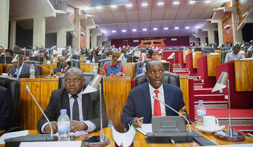 Eastern Province Governor Fred Mufulukye addresses the parliamentary Standing Committee on National Budget and Patrimony on May 6, 2019. Looking on is Habimana Kizito, the Executive Secretary. Craish Bahizi.