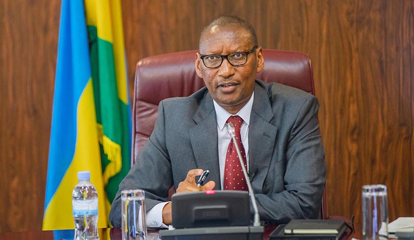 Central Bank Governor John Rwangombwa speaks during a news briefing on May 6, 2019 in Kigali. Emmanuel Kwizera.