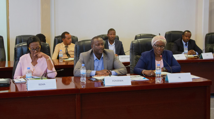 (L - R) Director General of Rwanda Environment Management Authority (REMA), Coletha Ruhamya, Chief Executive Officer of FENERWA Hubert Ruzibiza and Permanent Secretary for Ministry of Environment, Fatina Mukarubibi during the presentation of the 2019/2020 budget consultations in parliament on May 09, 2019. / Bahizi Craish