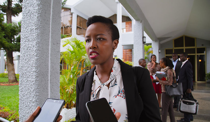 The Minister for ICT and Innovation, Paula Ingabire, speaks to journalists after the parliamentary session on her ministryu2019s 2019/2020 budget at the Parliamentary Buildings in Kimihurura on May 10, 2019. Craish Bahizi.