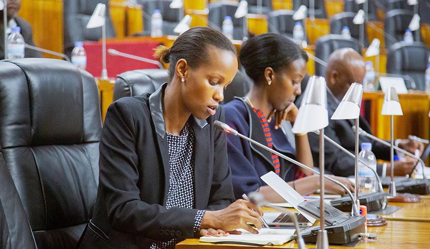 Belise Kaliza, Chief Tourism Officer, RDB (left); and Elodie Rusera, Chief Skills Officer before the parliamentary Standing Committee on Budget and National Patrimony at the Parliamentary Buildings in Kimihurura, Kigali on May 10, 20. Chru00e9tien Munezero.