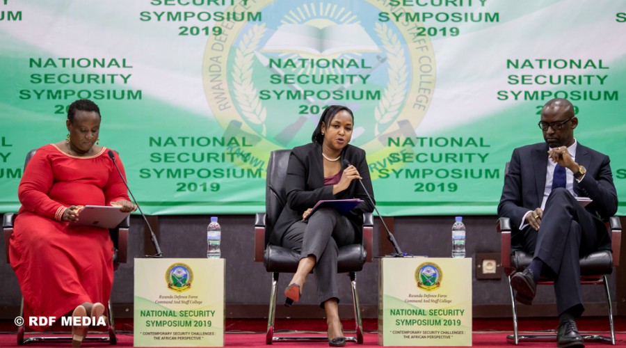 The Minister for Youth Rosemary Mbabazi (centre) addresses the symposium as  Ag chief executive, Rwanda Governance Board, Usta Kaitesi (left) and Amb. Abdoulaye Diop, Chief of Staff of the Chairperson, African Union Commission, follow yesterday. / Courtesy