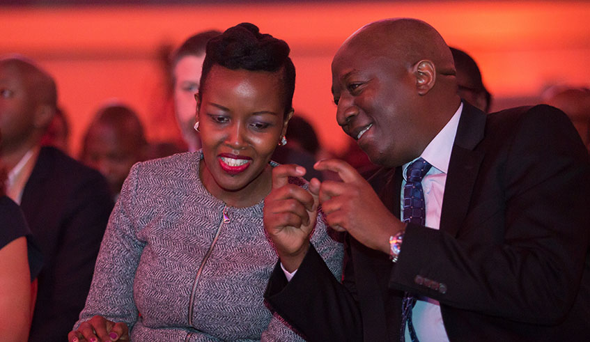 Prime Minister Edouard Ngirente interacts with the Minister for ICT and Innovation Paula Ingabire at the second Economic Forum of the Transform Africa Summit in Kigali yesterday. Nadege Imbabazi.