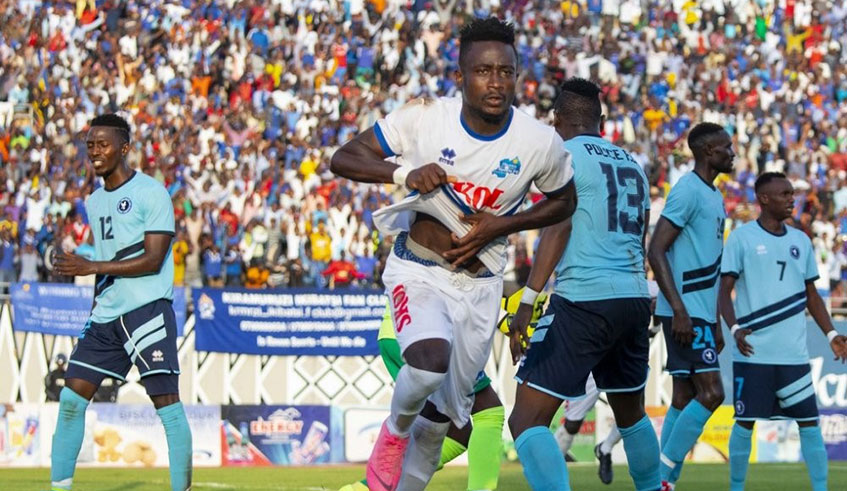 Jules Ulimwengu celebrates after scoring the lone goal that stunned Police at Amahoro Stadium earlier this month. The 19-year-old leads the top-scorersu2019 charts with 17 goals this season. Courtesy.