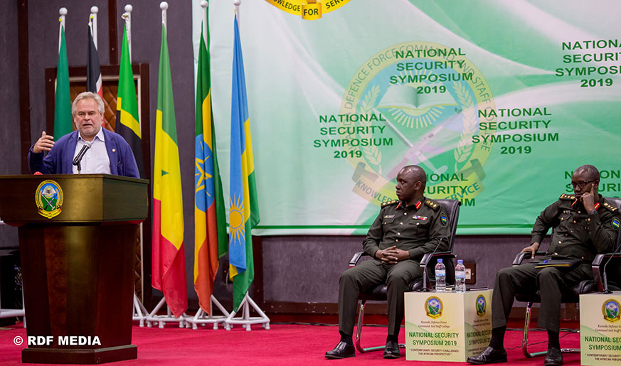 Eugene Kaspersky, the founder and CEO of Kaspersky Lab, speaks at the National Security Symposium at the RDF Defence and Staff College in Musanze. (Courtesy)