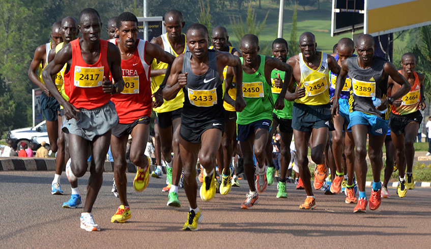 Kigali International Peace marathoners during the 2017 edition. No Rwandan has ever won gold in full-marathon events of the competition. Sam Ngendahimana.