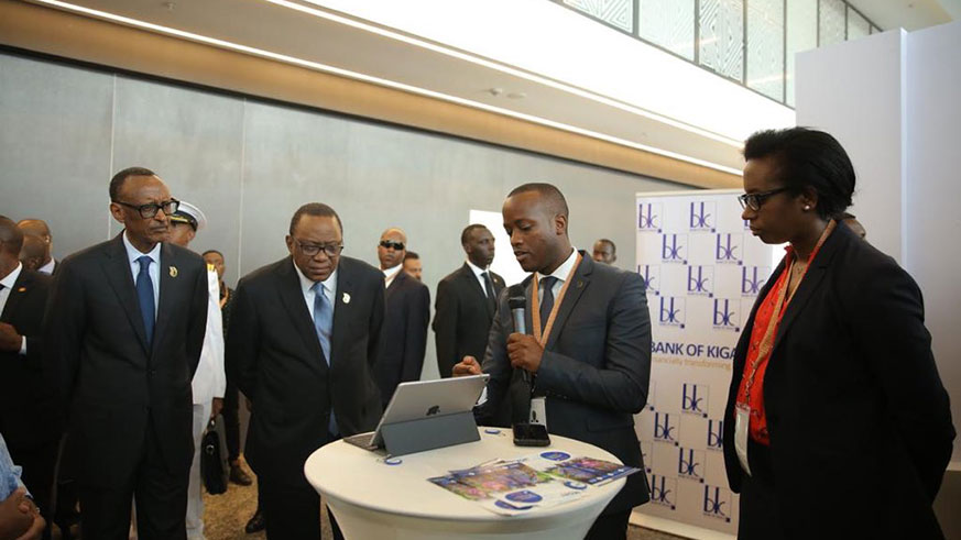 President Kagame and President Uhuru Kenyatta visit the BK stand at Transfrom Africa (Courtesy)