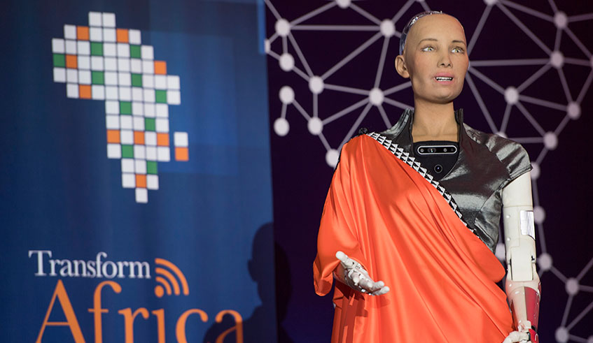 Sophia the robot addresses delegates at the summit yesterday. Village Urugwiro.
