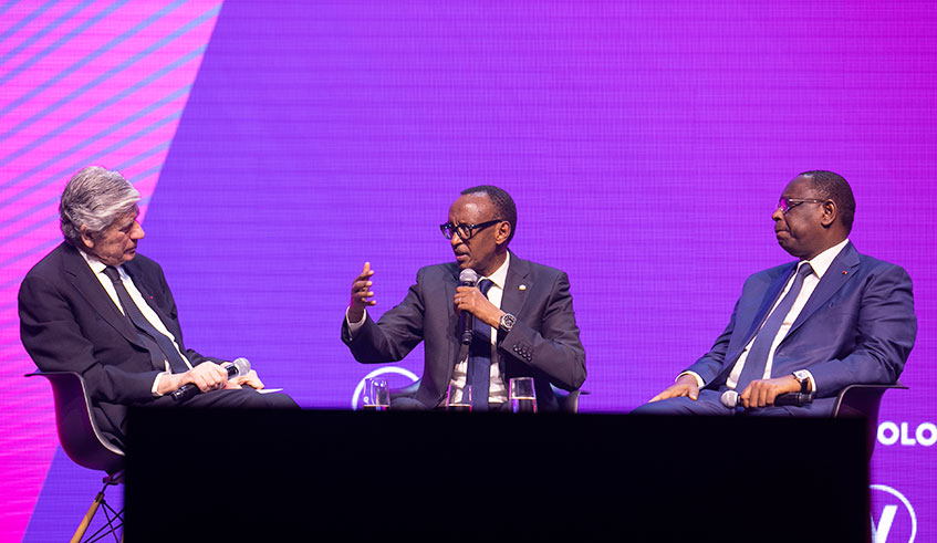 President Kagame speaks on the VivaTech panel, alongside President Macky Sall of Senegal, in Paris yesterday. The session was moderated by Maurice Lu00e9vy, Chairman of Publicis Groupe (left). Village Urugwiro.