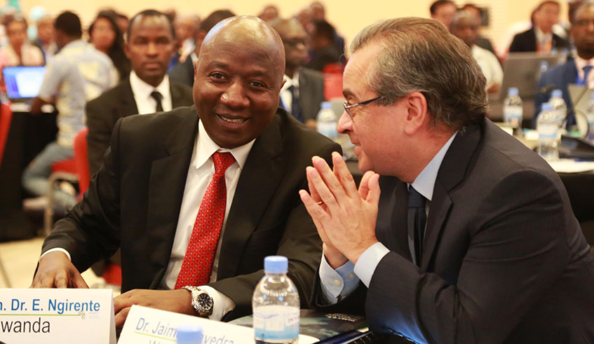Prime Minister Edouard Ngirente interacts with Jaime Saavedra, Senior Director of World Bank Education Global Practice, during the fifth PASET Forum in Kigali yesterday. African countries should work together to invest in digital skills among the youth in higher learning institutions and Technical and Vocational Education and Training (TVET) to harness the potential of technologies, experts have said. Sam Ngendahimana. Prime Minister Edouard Ngirente interacts with Jaime Saavedra, Senior Director of World Bank Education Global Practice, during the fifth PASET Forum in Kigali yesterday. African countries should work together to invest in digital skills among the youth in higher learning institutions and Technical and Vocational Education and Training (TVET) to harness the potential of technologies, experts have said. Sam Ngendahimana.