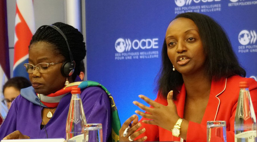 Trade and Industry minister Soraya Hakuziyaremye addresses delegates at the High-Level Meeting of the OECD Development Centre Governing Board in Paris yesterday. Left is Sidu00e9mu00e9ho Dzidudu Dogbe, the Togolese Minister for Grassroots Development, Handicrafts, Youth and Youth Employment. Both Rwanda and Togo, alongside Ecuador, were yesterday admitted to OECD Development Centre. Courtesy.