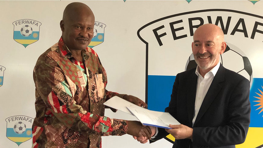 Jean-Damascene Sekamana (L), Ferwafa president, and David Thompson, of INEOS Football South Africa, after signing the MoU on Wednesday afternoon. (Courtesy)
