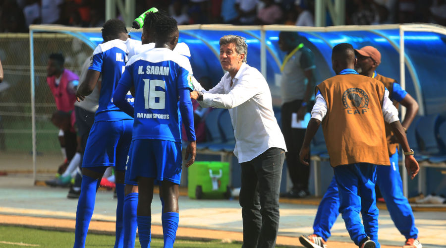 Roberto Oliveira gives instructions to his Rayon Sports players during a past league match against APR at Amahoro Stadium. / Sam Ngendahimana