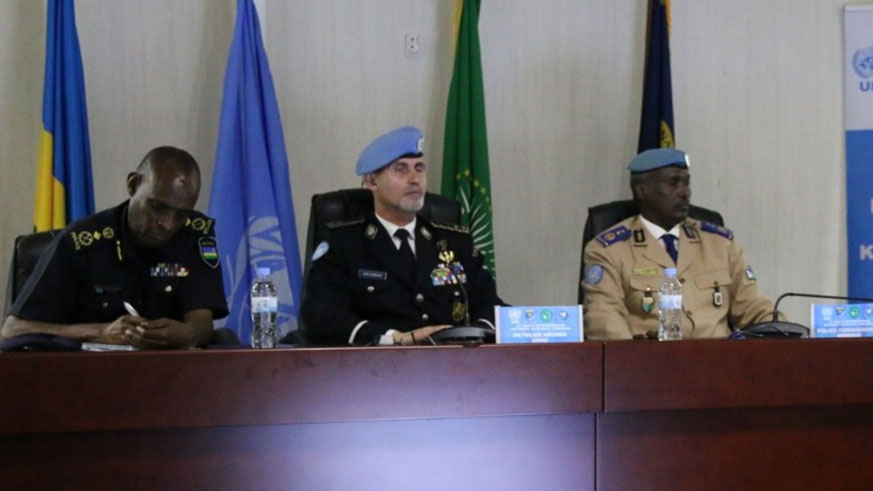 Left-right: CP Bruce Munyambo, UN Police Advisor Luis Carrilho, and MONUSCO Police Commissioner Abdounasir Awale during the intermission retreat. Courtesy.