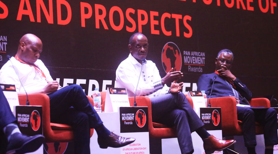 L-R: National Electoral Commission Executive Secretary, Charles Munyaneza, Minister of Foreign Affairs Richard Sezibera and UN Resident Coordinator Fodu00e9 Ndiaye on a panel on African Liberation Day in Kigali yesterday. / Sam Ngendahimana