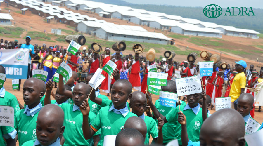 School children at an ADRA-education campaign for children to go back to school at Mahama refugee camp. / Courtesy