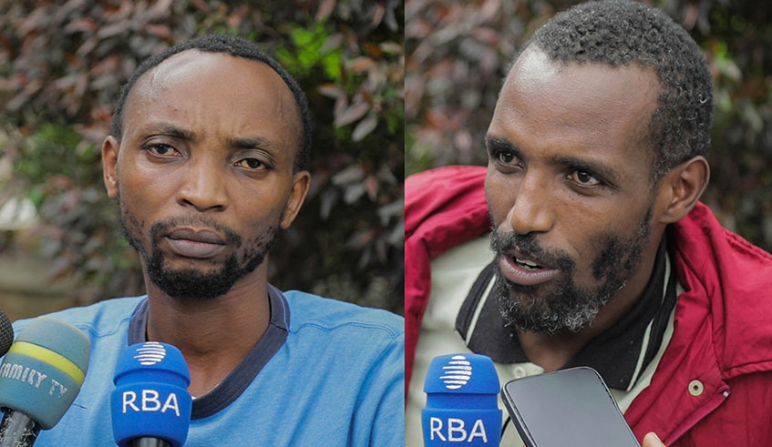 Emmanuel Mibungo, 32 (left), and Paul Muhirwa, 36, were arrested by Ugandan military last month. Here they are speaking to the media in Kigali on May 28, 2019. Jean Chretien Munezero.