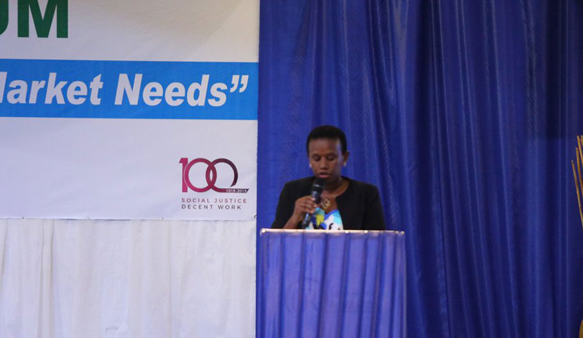 Minister for Labour and Public Service Fanfan Rwanyindo speaking at the National Labour Forum at Kigali Conference and Exhibition Village on Tuesday. Courtesy.