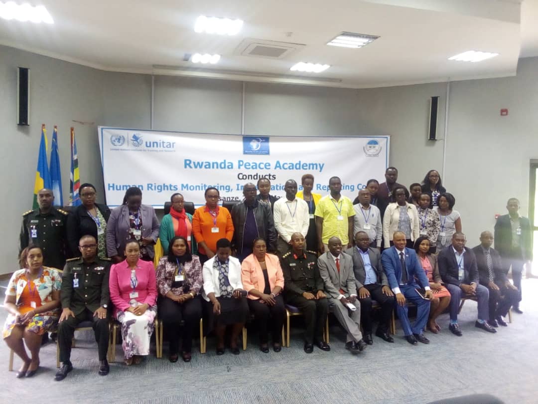 Participants of the human rights monitoring, investigations and reporting course pose for a group photo at the Rwanda Peace Academy in Musanze. / Ru00e9gis Umurengezi