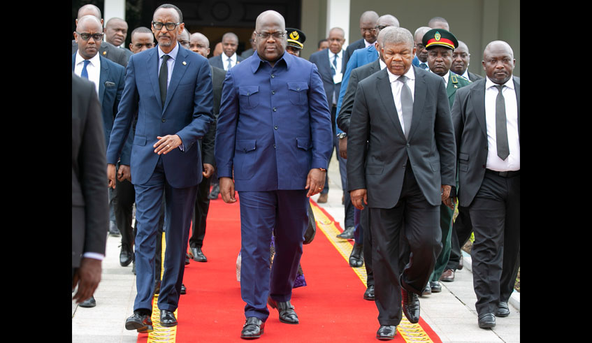 Presidents Paul Kagame of Rwanda, Fu00e9lix-Antoine Tshisekedi of DR Congo and Jou00e3o Lourenu00e7o of Angola in Kinshasa yesterday. The three heads of state agreed to uproot all non-state armed groups threatening the security of the region. Village Urugwiro.