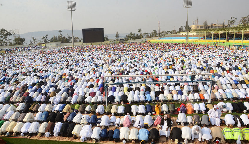 Muslims during prayers at a past event at Kigali Stadium in Nyamirambo. File.