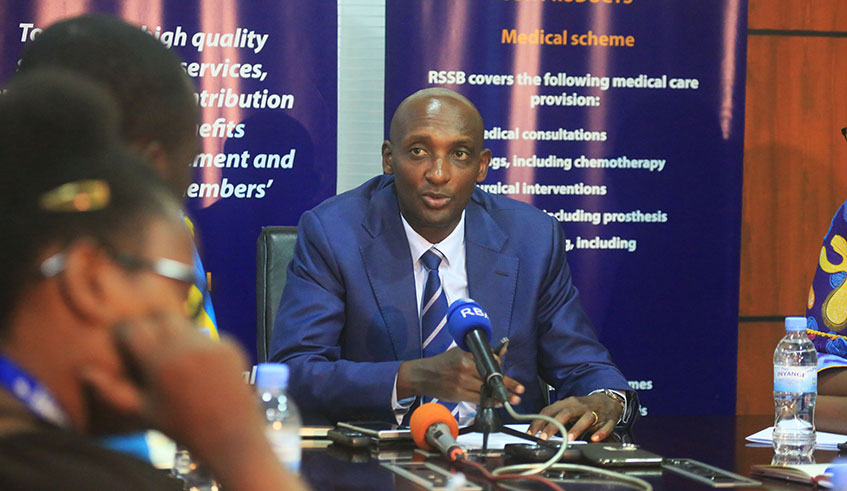 Richard Tushabe, the Director General of Rwanda Social Security Board, during the news briefing in Kigali yesterday. Sam Ngendahimana.