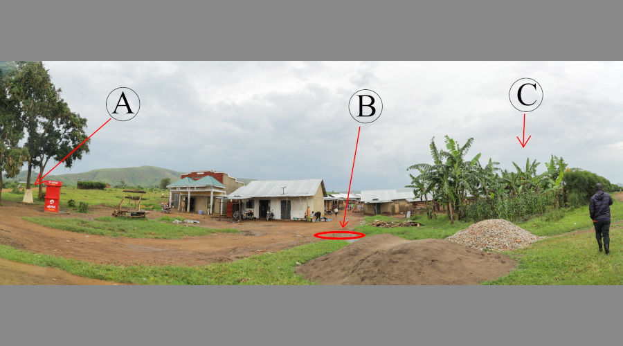 A wide angle of the scene where the incident occured on Friday May 24. A is the pillar showing the boundary, B is the scene of incident and C is a banana plantation belonging to Rwandan national Francis Rubambantare and it is on Rwandan territory. / JC Munezero