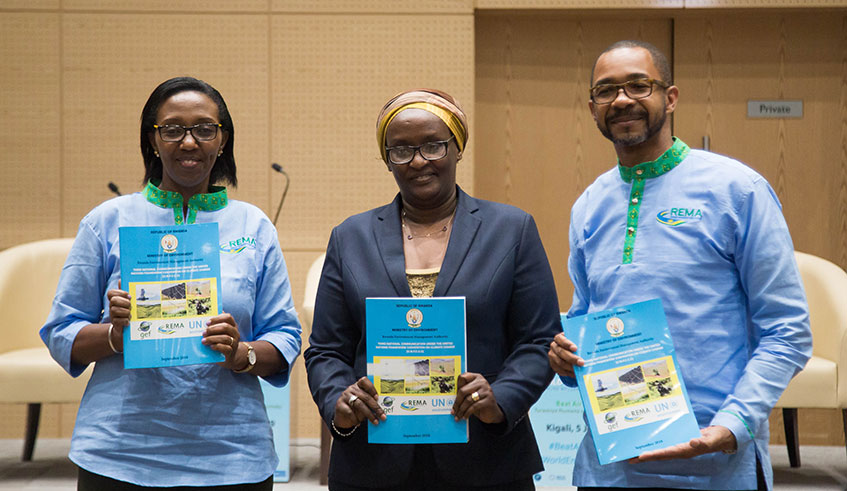 L-R: Eng. Colletta Ruhamya, director-general of Rwanda Environment Management Authority; Fatina Mukarubibi, Permanent Secretary, Ministry of Environment; and Stephen Rodriques, UNDP Resident Representative in Rwanda during the official launch of the Third National Communication report on climate change, in Kigali yesterday. The report, which was prepared by REMA under the auspices of the United Nations Framework Convention on Climate Change, provides an inventory of greenhouse gases in the country and mitigation measures. It was unveiled during an event to mark the World Environment Day in Kigali. / Nadege Imbabazi