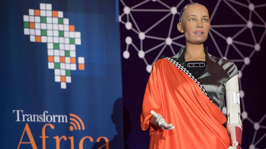 Sophia the robot addresses delegates at the 5th Transform Africa Summit in Kigali, last month. / File