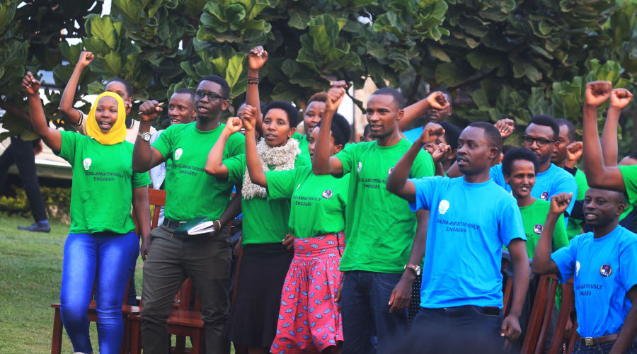 Youth who live in One Dollar Campaign complex during their meeting with Minister of Local government Shyaka on Saturday. 73 of them were discharged and are going to start a new life out of the hostel. / Sam Ngendahimana