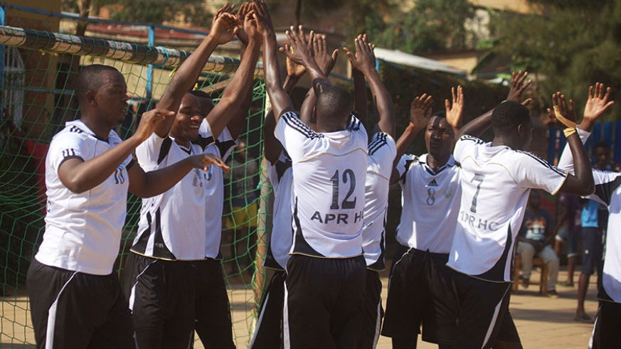 APR Handball Club players celebrate after beating Police in a past match. / File