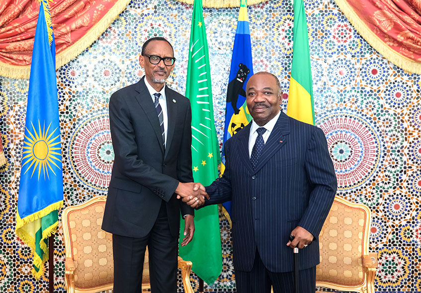 President Kagame and his Gabonese counterpart Ali Bongo Ondimba at the Palais de la Renovation in Gabonu2019s capital Libreville on Monday. Kagame was in the west African nation to help bolster bilateral ties between the two countries and to visit Bongo who has recently been ill. Village Urugwiro. 