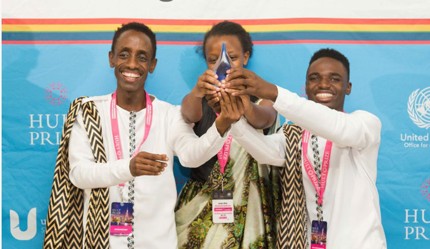 From left to right; Peter Ndahiro, Daniela Uwase and Kellyson Siamunjo. The trio emerged winners during the Hult Prize Africa contest  in Ghana early this year.
