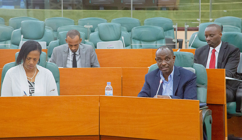 Sezibera addresses senators in Kigali yesterday . Craish Bahizi.