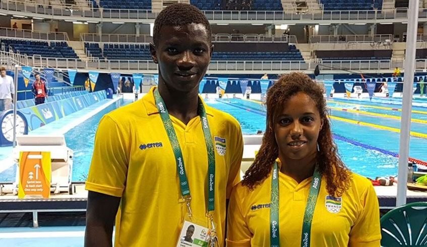 Eloi Imaniraguha (L) and Johanna Umurungi, seen here at the Olympic Aquatics Stadium in Brazil, were the only Rwandan swimmers at the 2016 Rio Olympic Games. File.